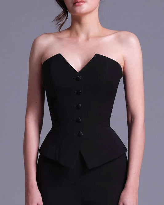 topwear,tops,semi-formal, outdoor events,bold, creative workwear, summer,woven,cotton twill,black,solid,tailored fit,bandeau,regular length,slit hem,sweetheart neck,sleeveless,25010059GG,OY1702