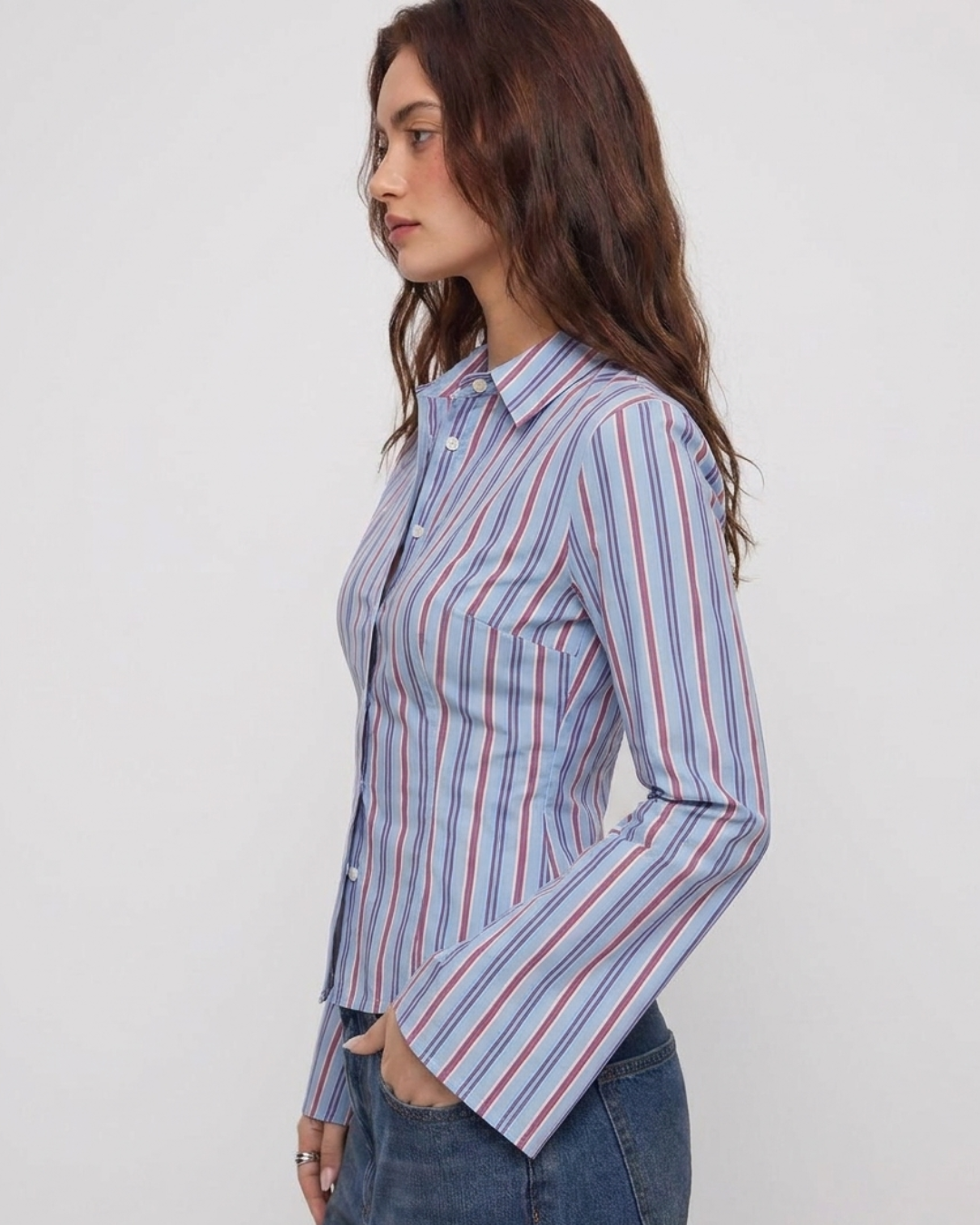 Striped Flared Sleeve Fitted Sleeve Shirt