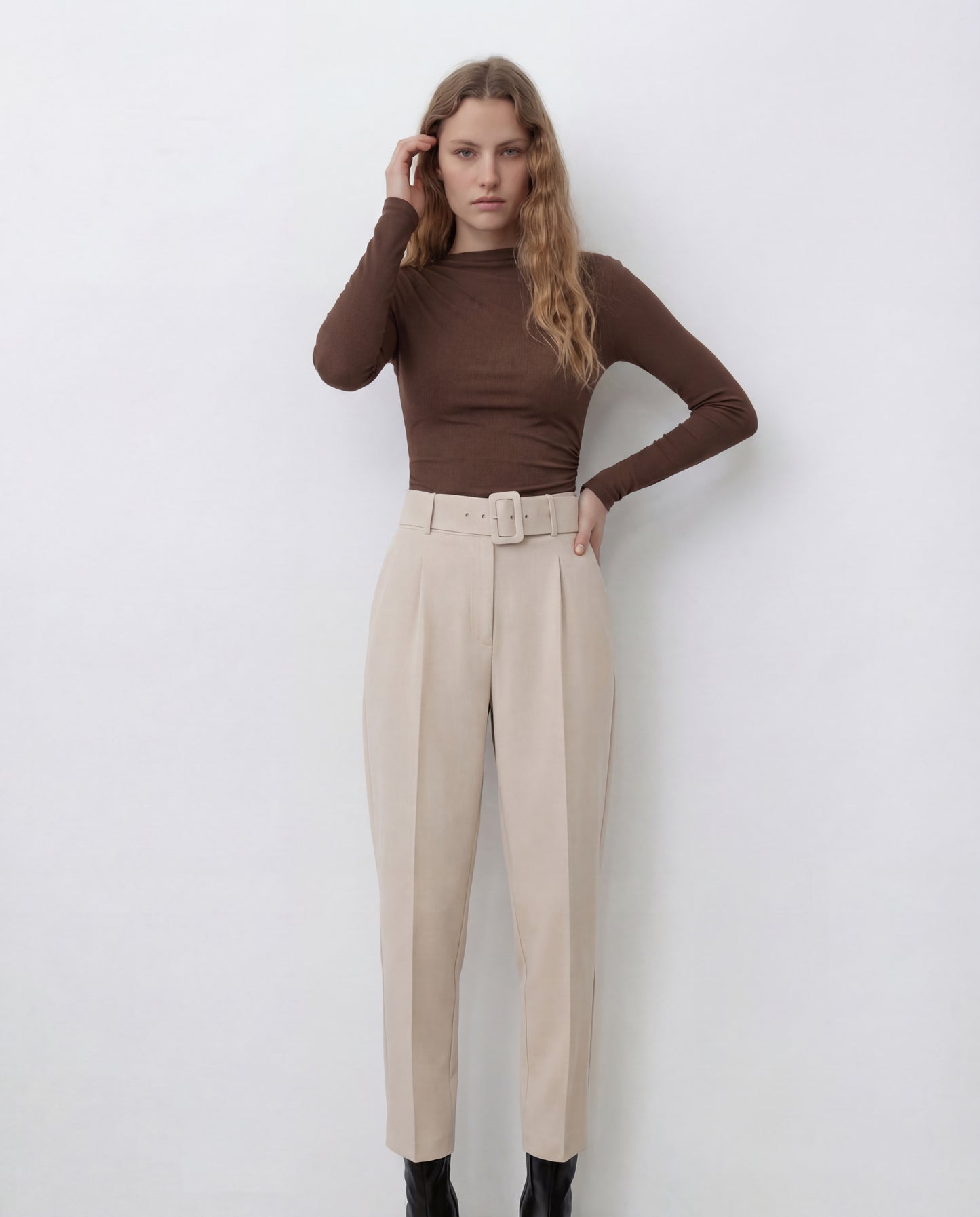 Brown Ribbed Bodysuit with Belted Tapered Pant Set