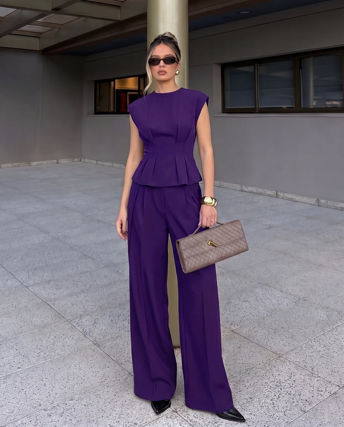 Tailored Linen Blend Top & Pants Co-Ord Set Purple