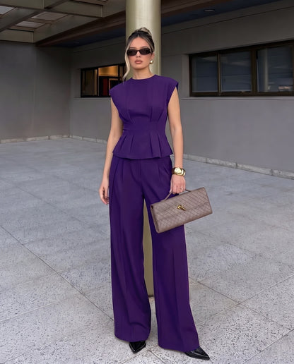 Tailored Linen Blend Top & Pants Co-Ord Set Purple
