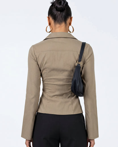 Beige Pinstripes Flared Sleeves Shirt