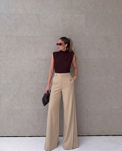 Beige Pleated Wide Leg Trouser