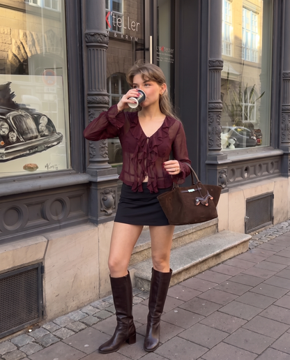 Ruffled Flared Sleeve Burgundy Top