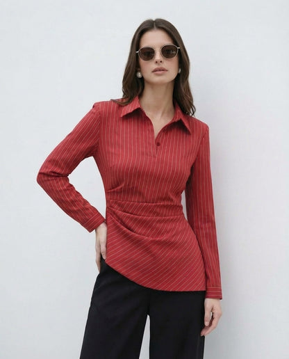 Red Pinstripe Asymmetric Hem Shirt