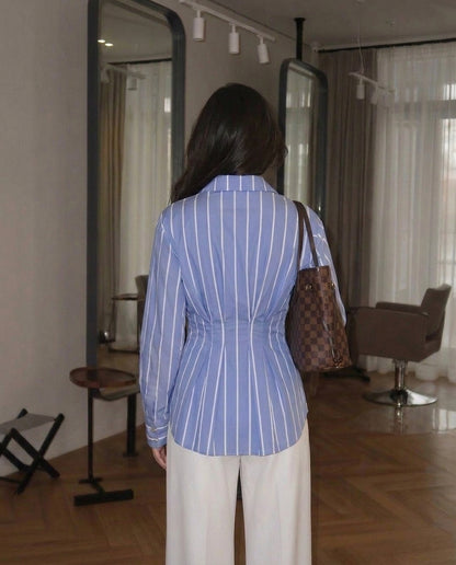 Blue Stripe Button Down Belted Shirt