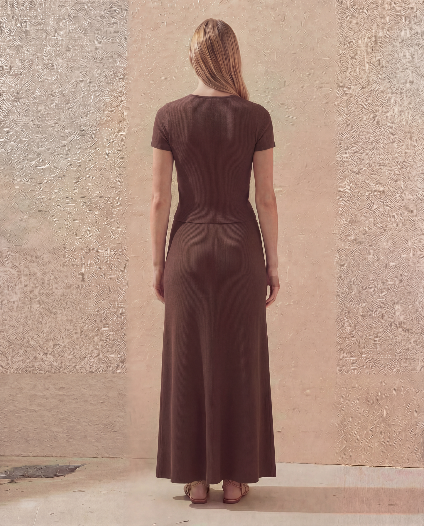 Brown Ribbed Bow Top And Skirt Set