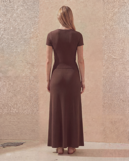 Brown Ribbed Bow Top And Skirt Set