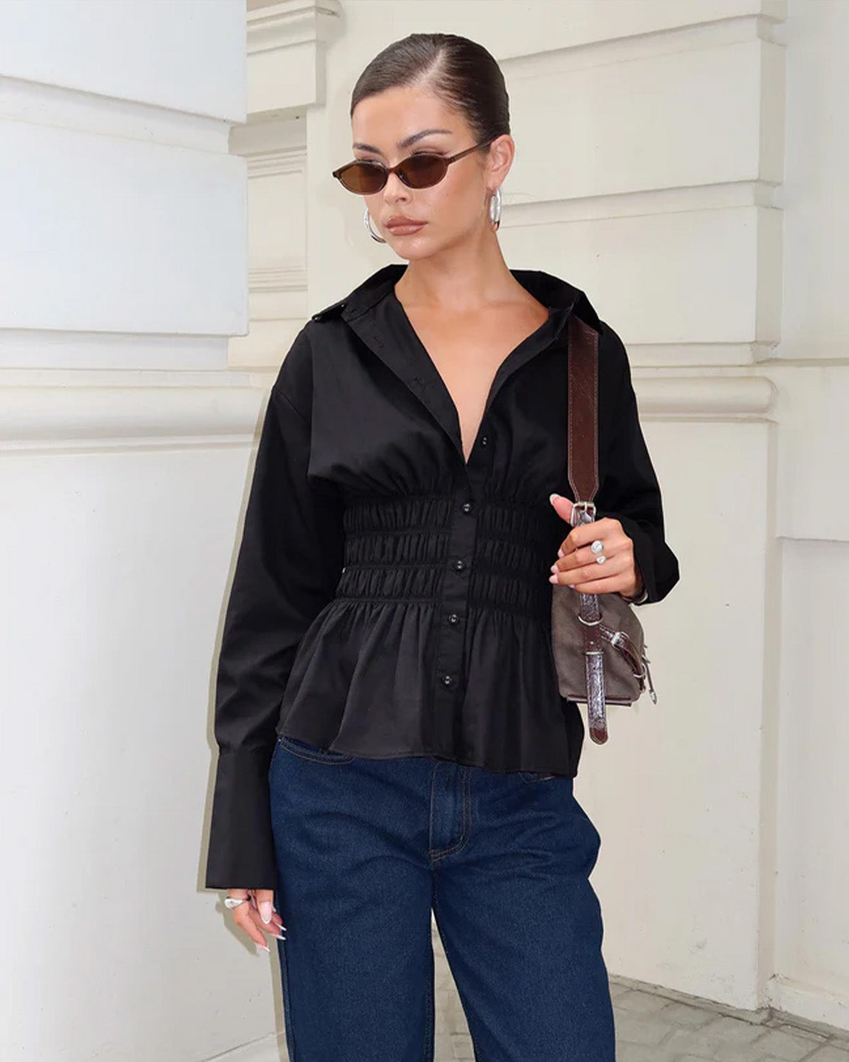 topwear,tops,casual, outdoor events,minimal, summer, streetwear,knitted,cotton,black,solid,ruched,button,slim fit,shirt,regular length,curved hem,collared,long sleeveless, OY1923, 25060028GG