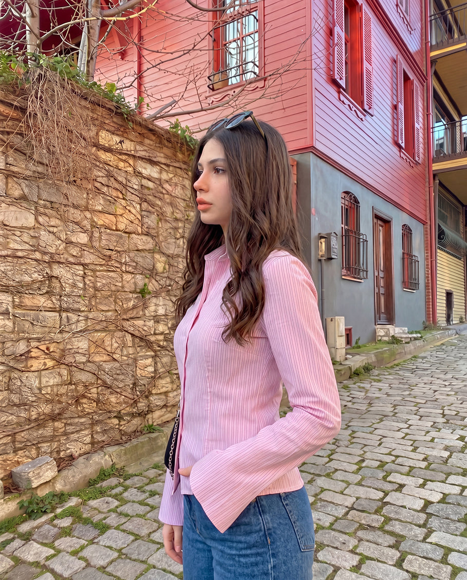Pink Pinstripe Flared Sleeve Fitted Shirt