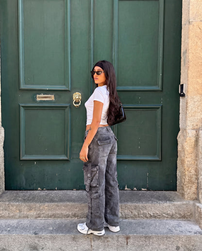 bottomwear,cargos,casual,summer, streetwear, urban fit,woven,denim,washed jeans, washed effect,ash grey,multi pocket, patch pocket, side pockets, utility pocket,straps,baggy fit,wide leg,full length,NA,high rise