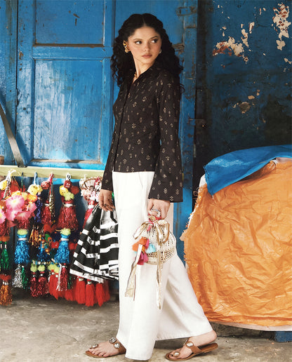 Black Block Print Bell Sleeve Top