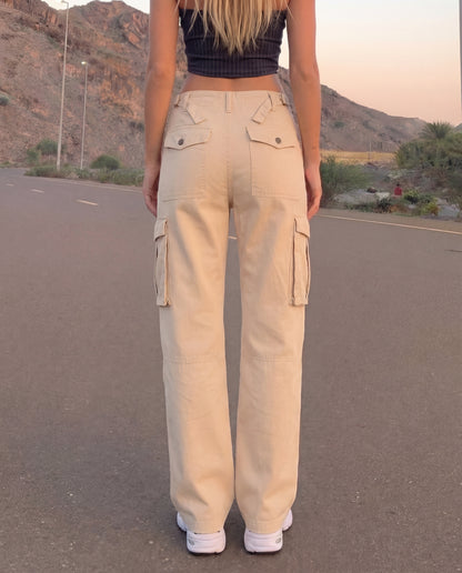 Cream Wide Leg Adjustable Cargo