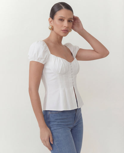 topwear,tops,outdoor events,glam, minimal,summer,woven,cotton,white,solid,ruched,skinny fit,peplum,waist length,flared hem,sweetheart neck,puff sleeves,short sleeves	OY1902-white,  25060014GG