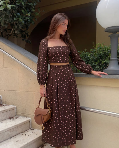 Mocha Brown Polka Co-Ord Set with Billowy Silhoutte