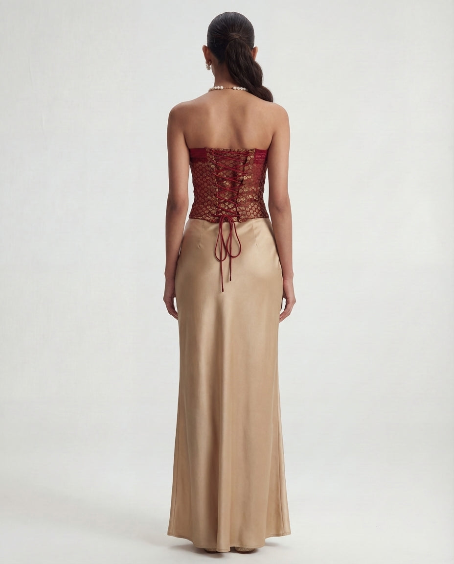 Brocade Corset Top And Champagne Satin Maxi Skirt Set