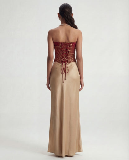 Brocade Corset Top And Champagne Satin Maxi Skirt Set