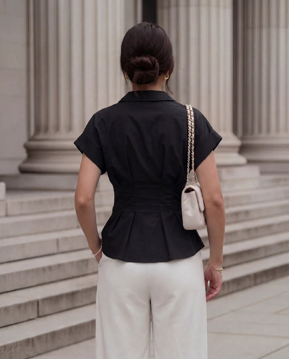 Black Pleated Double Belted Shirt