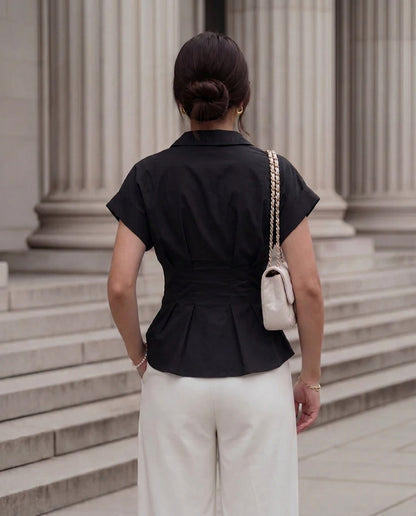 Black Pleated Double Belted Shirt
