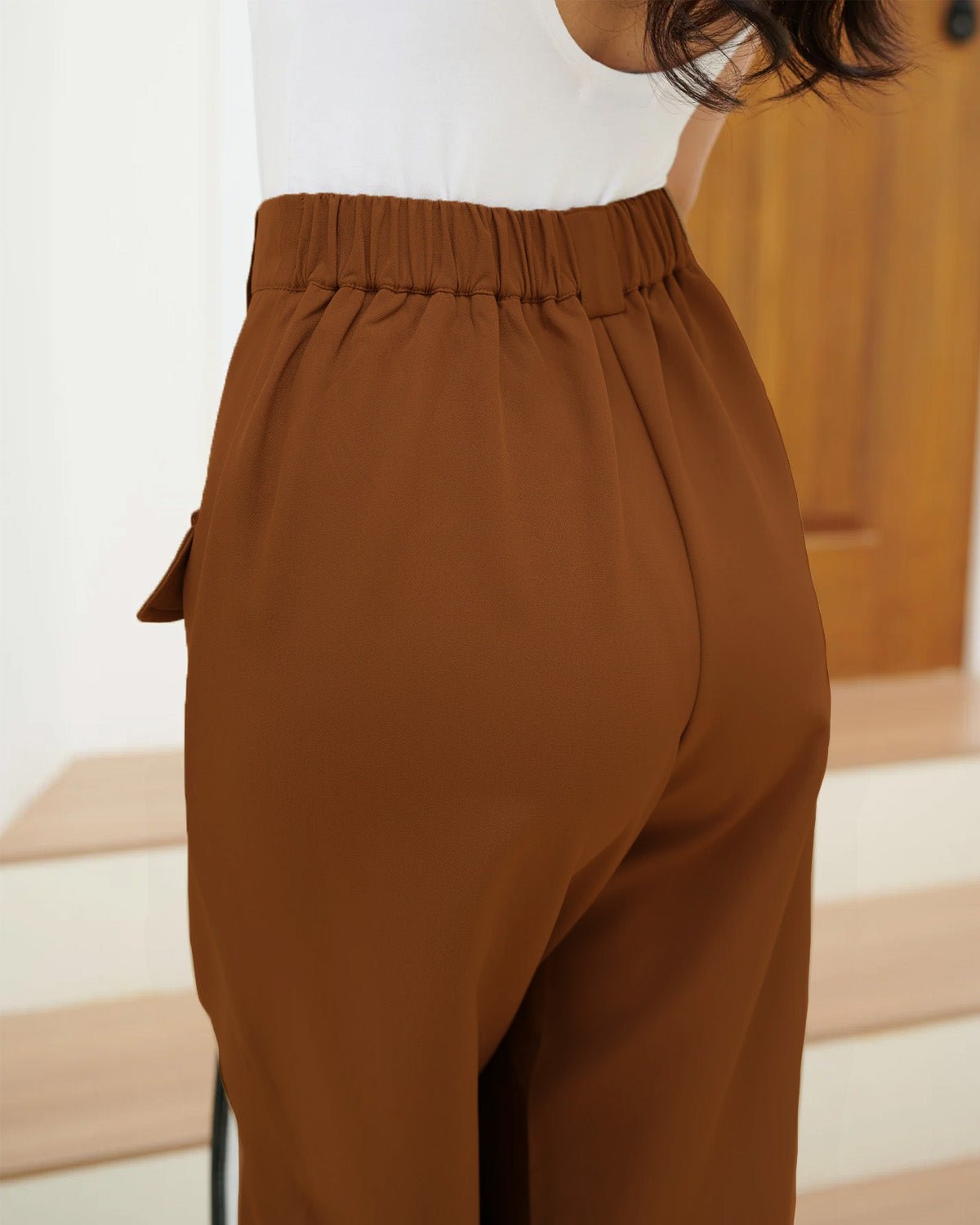 FAUX FLAP POCKET PANTS,Color: Rust
Fabric: 95% poly 5% spandex
Fit: Straight Fit 
Length: Full Length(40")
Waist: High Rise 
Closure: Zip & Button
No. of Pockets: 2
Print: Solid
Detail: Pleated pants with faux pocket flap,pants,bottomwear,pants,semi-formal,stretchable,polyester, spandex,rust,straight fit,straight,full length,high rise