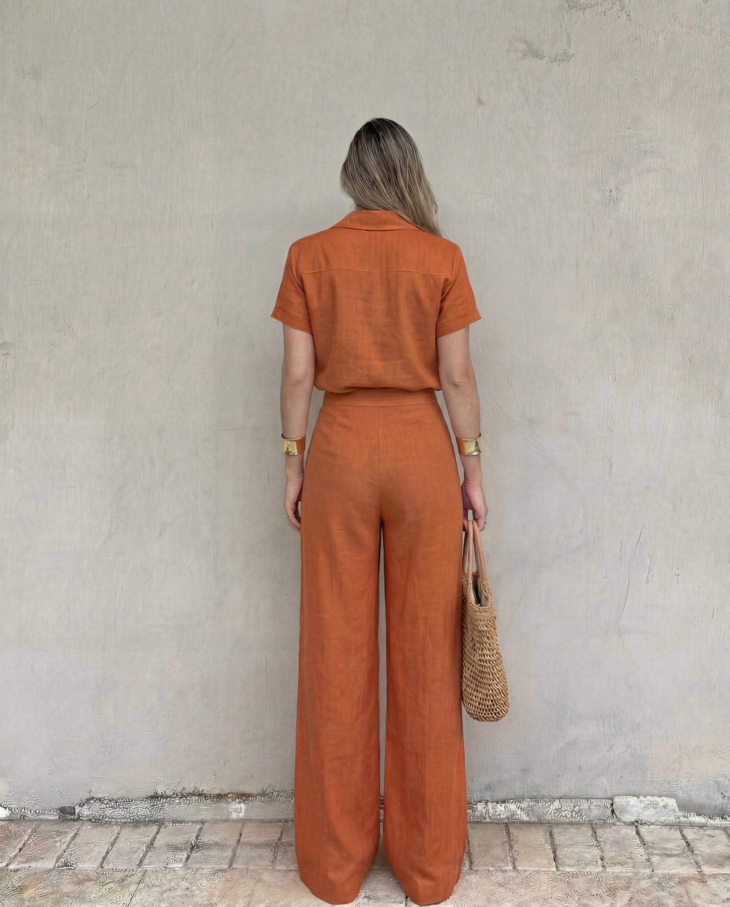 Collared Shirt & Tailored Pants Co-Ord Set Rust Orange