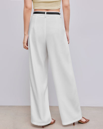 bottomwear,pants,semi-formal,workwear,stretchable,polyester, spandex, white,pleated,tailored fit,wide leg,full length,high rise, 25080013GG, OY975