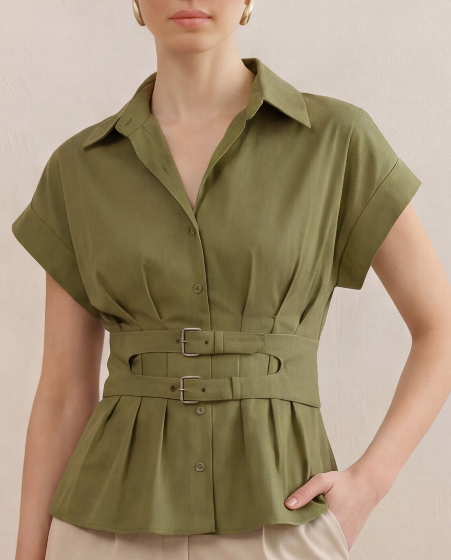 Olive Pleated Belted Shirt