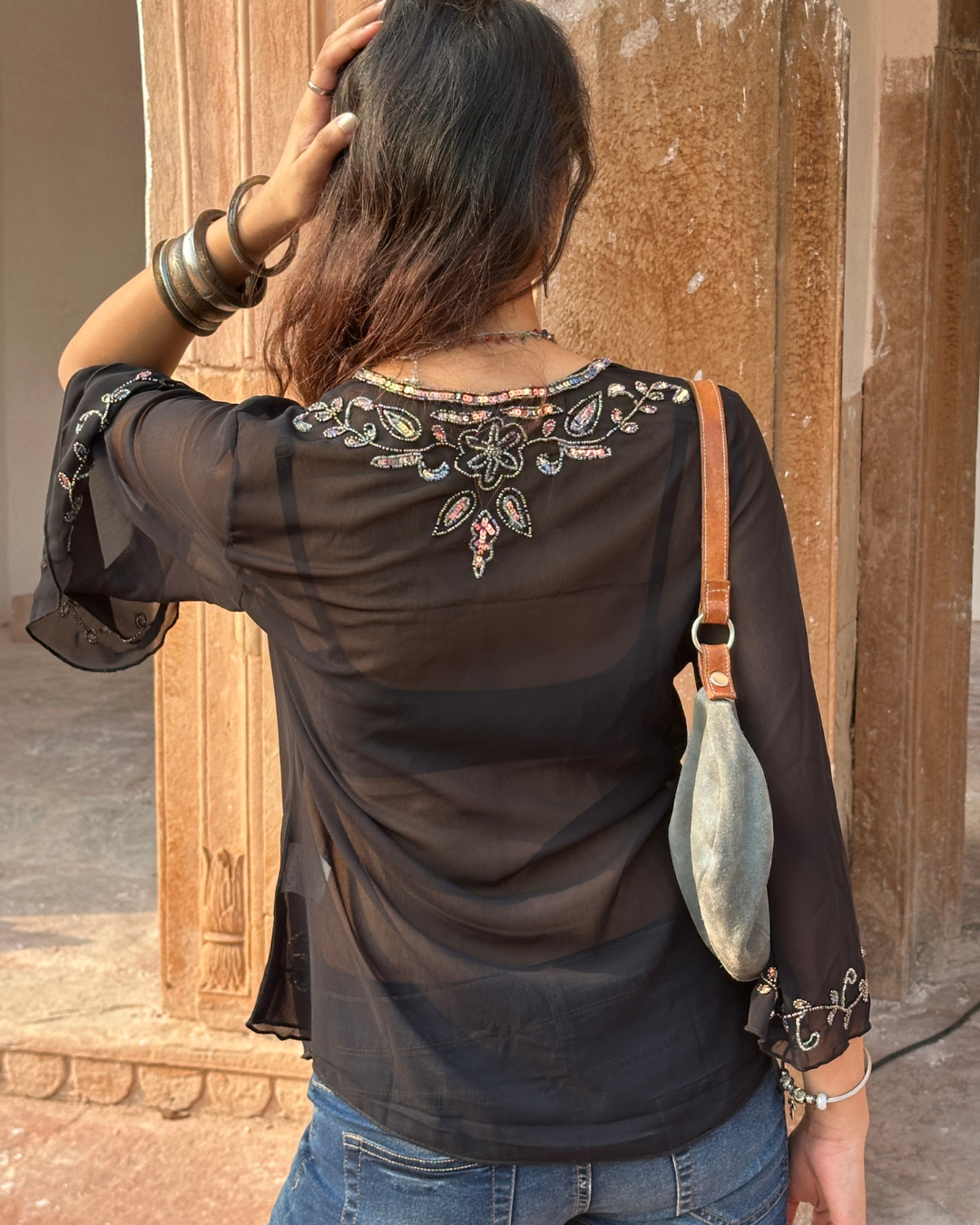 Nargis Embellished flared sleeve bohemian Top - Black