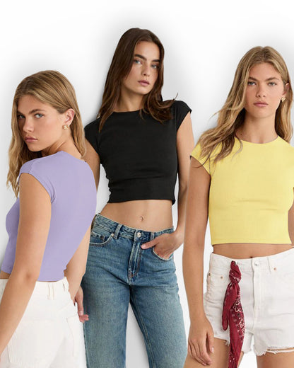 topwear,tops,casual,summer, streetwear,knitted, stretchable,cotton, ribbed,lemon yellow,solid,slim fit,fitted,crop,crew neck,cap sleeves,short sleeves,lavender,black,25050001BU