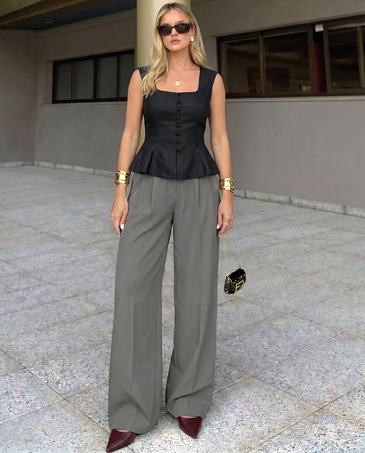Black Buttoned Peplum Top and Grey Corset Waist pants