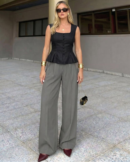Black Buttoned Peplum Top and Grey Corset Waist pants