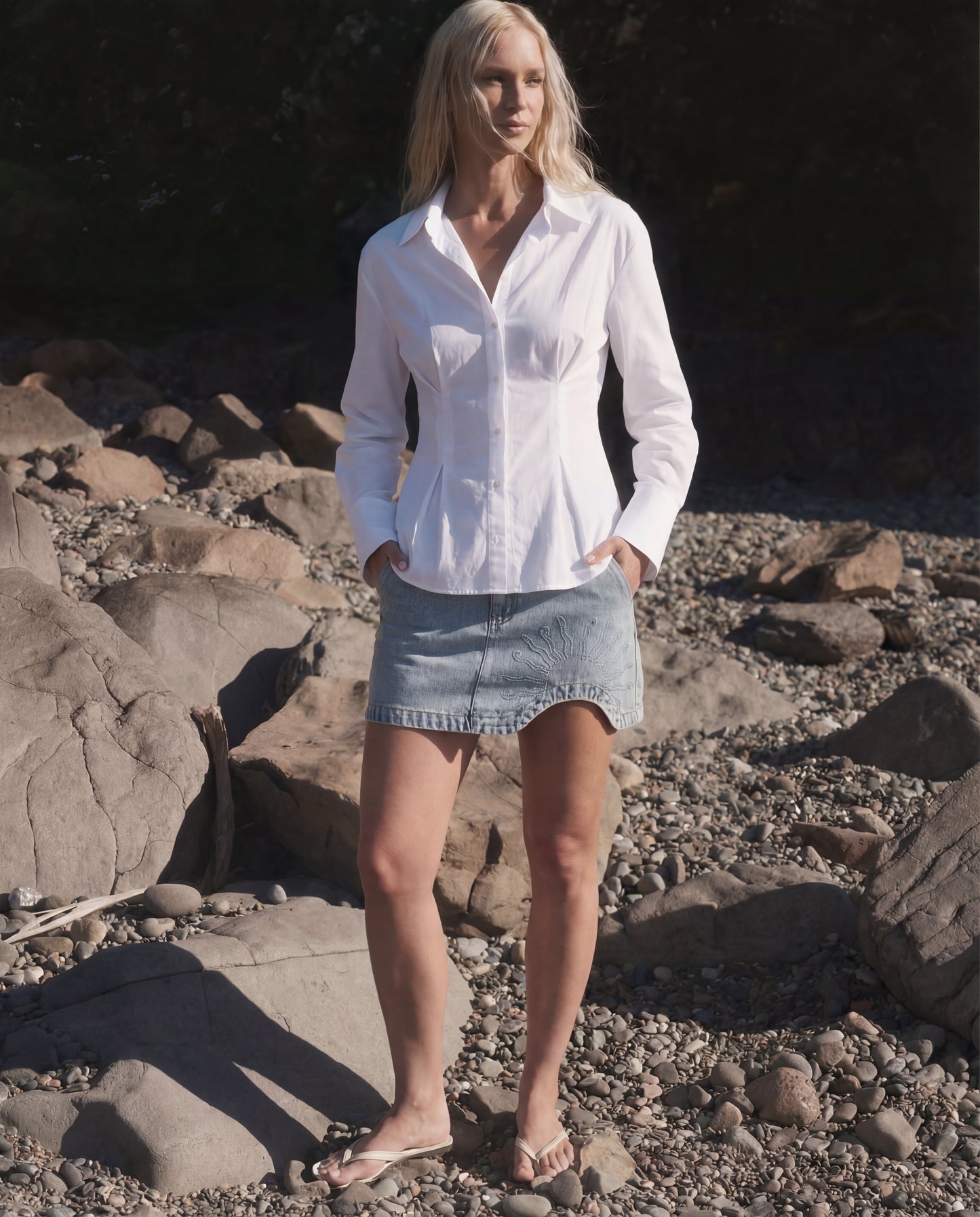 White Buttoned Flared Hem Shirt