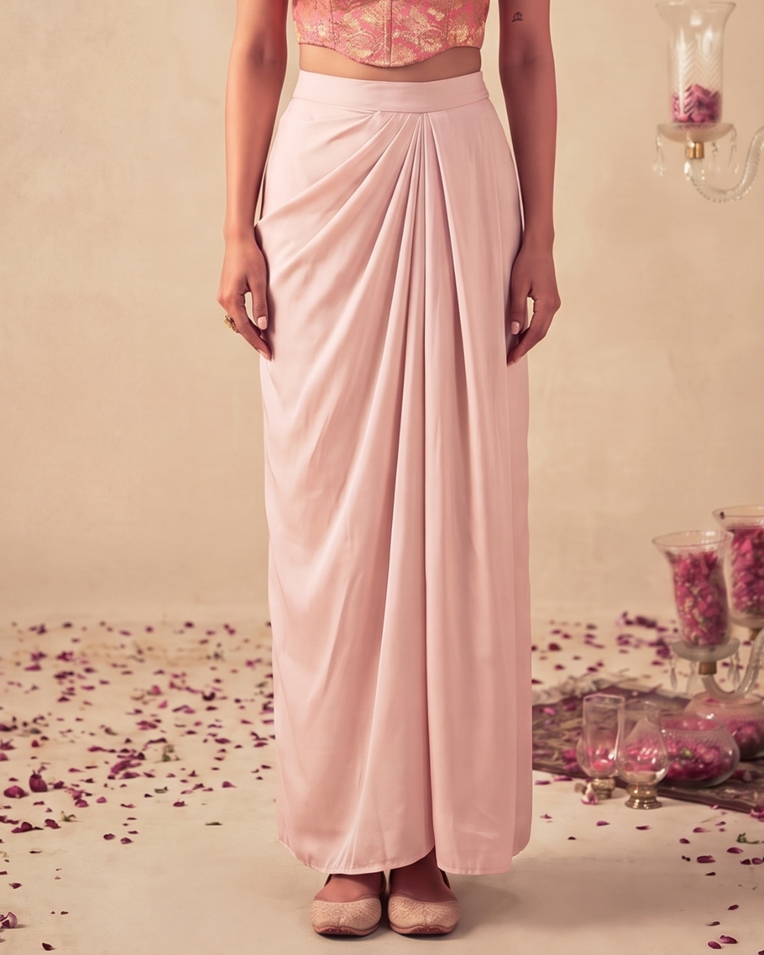 Blush Pink Brocade Corset Top & Satin Skirt Coord Set