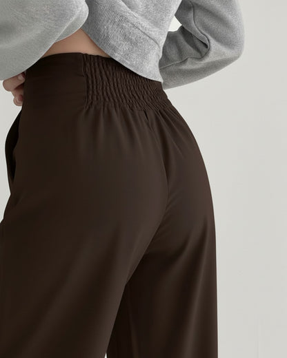 bottomwear,trousers,semi-formal,workwear,stretchable,polyester, spandex,dark brown,pleated,relaxed fit,wide leg,full length,high rise, 25090078GG, oy963