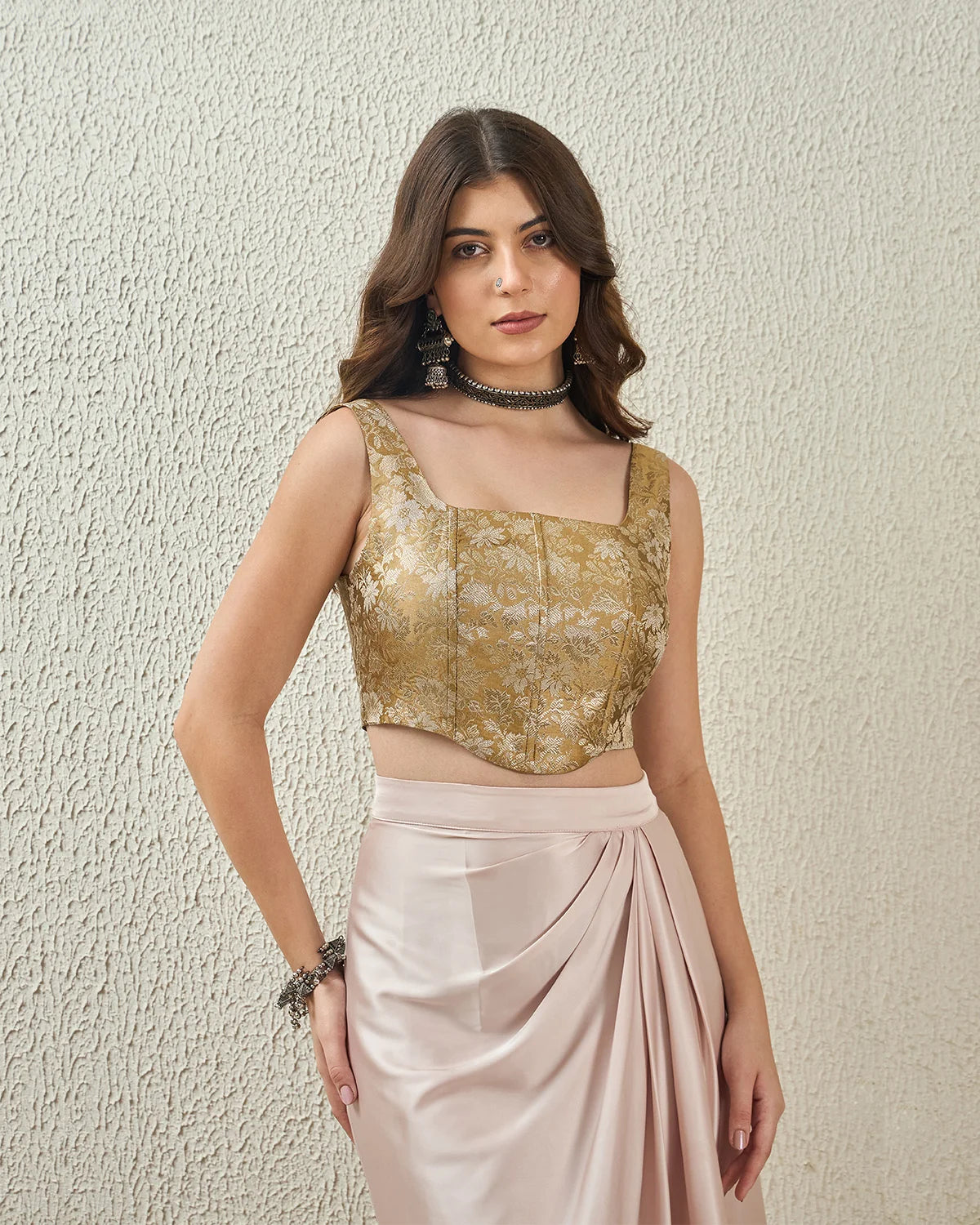Set of 2 Gold and Blush Pink Banarasi Brocade Tops