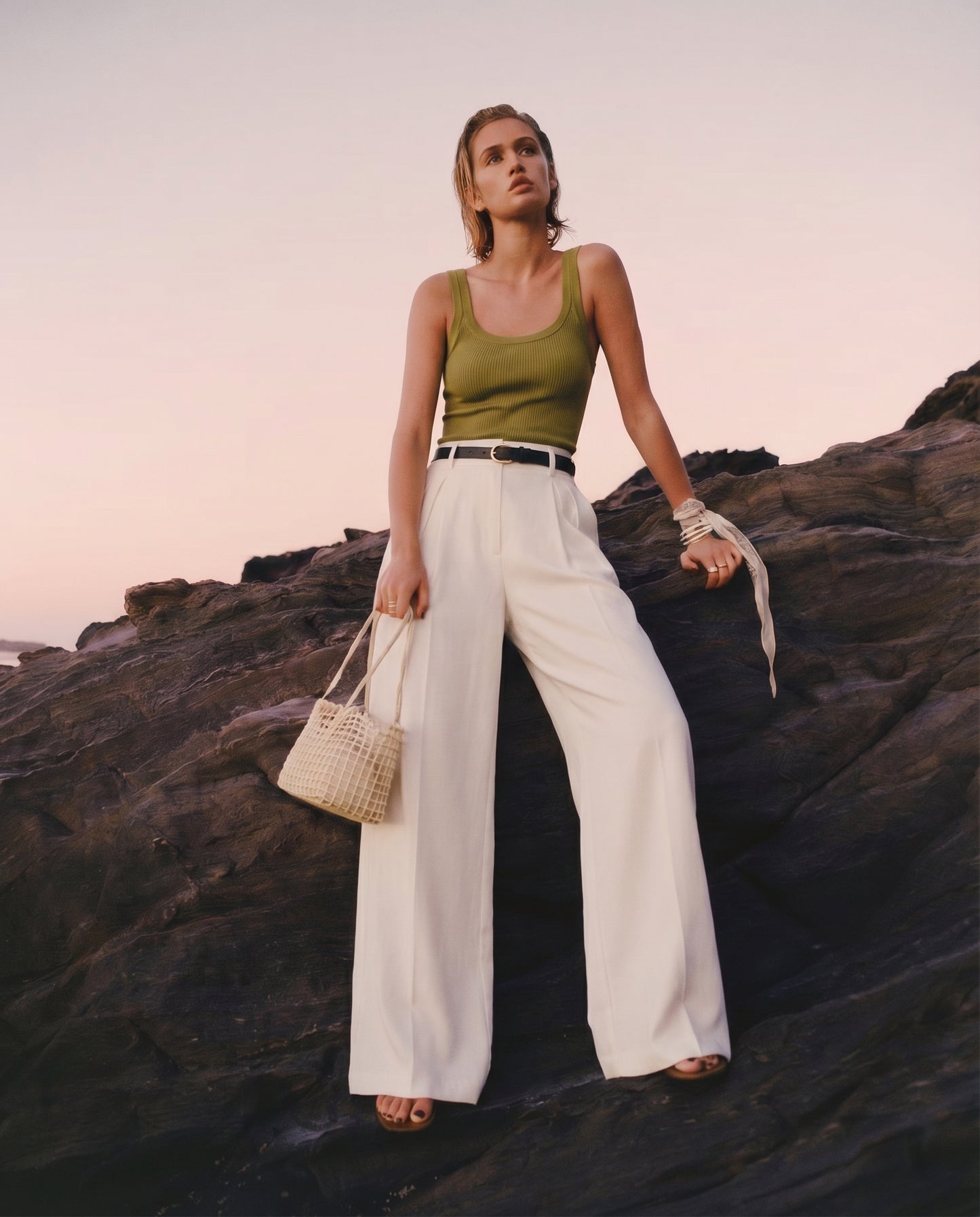 bottomwear,pants,semi-formal,business outfit,stretchable,polyester, spandex,white,pleated,tailored fit,wide leg,full length,high rise, 24090003GG, OY959