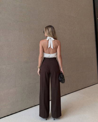 Mocha Brown Corset Waist Tailored Pants