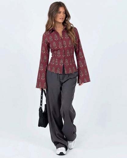 Handblock Print Deep Red Fitted Shirt