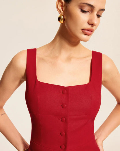 coord sets,bottomwear, topwear,casual, casual chic, outdoor events,bold, genz fit, sophisticated, summer, urban fit,woven,cotton twill,red,solid,panelling, pleated,button, zipper,tailored fit top,vest,waist length top,slit hem,square neck,shoulder strap,no sleeves,sleeveless,button down top,skirts,pleated skirt,midi skirt,slit hem,mid rise waist,no pockets
OY3047,	25070019GG