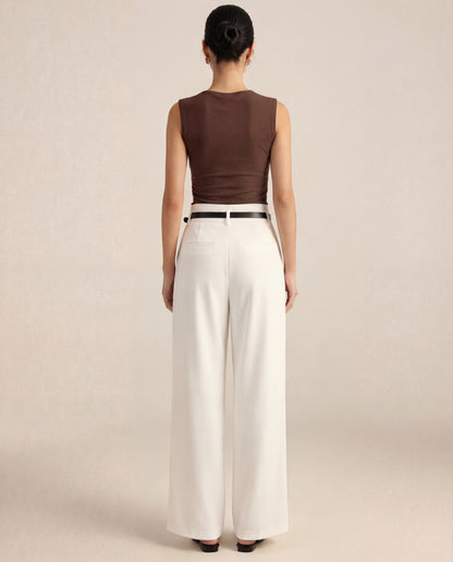 Brown Cowl Neck Ribbed Top And White Pleated Pants Set (With Belt)