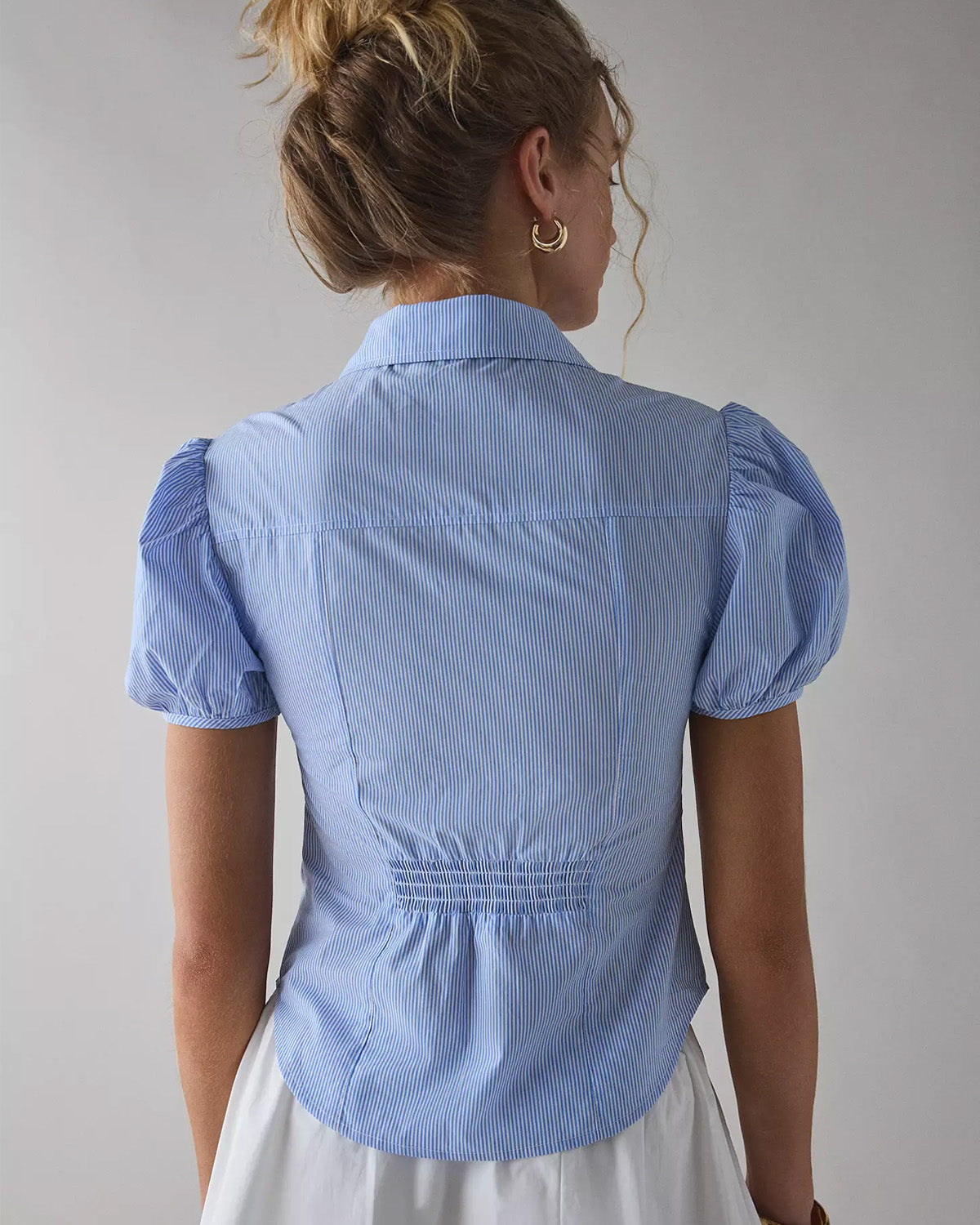 topwear,tops, shirts,casual, formal, semi-formal,minimal, soft girl, summer,woven,polycotton,printed,blue,pinstripes,ruched,button,tailored fit,shirt,waist length,curved hem,shirt collar,balloon sleeves,short sleeves,OY2012,25060044GG
