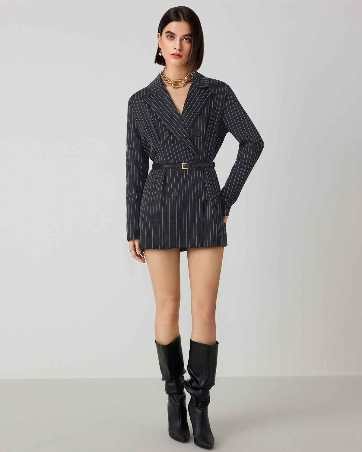 topwear,tops,formal, semi-formal,creative workwear, minimal, summer,woven,polycotton,yarn dyed,black,pinstripes, stripes,pinstripes,button,relaxed fit,blazer,longline,straight hem,notch collar,long sleeves,OY2006, 25060038GG"