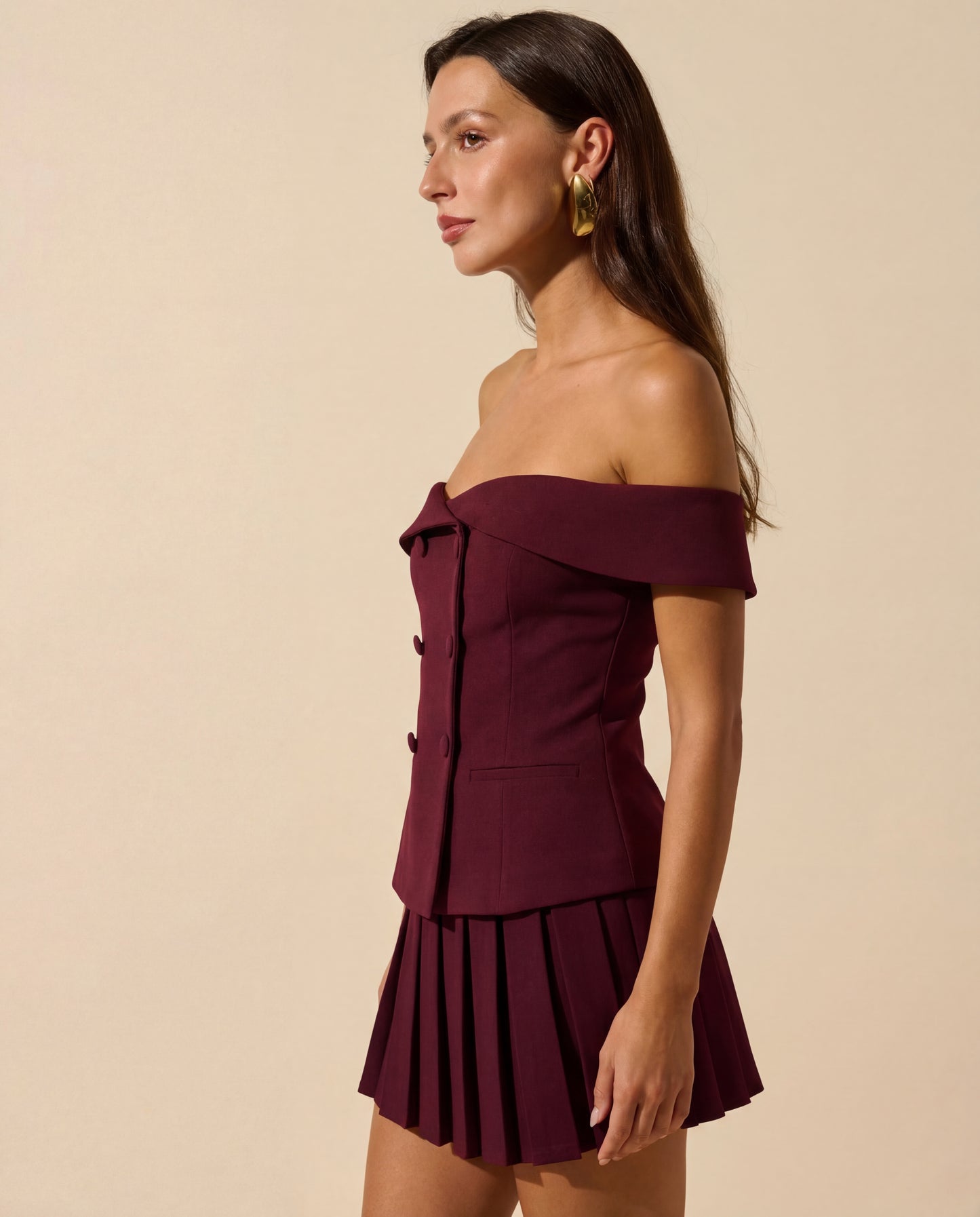 Off Shoulder Top And Pleated Skirt Set