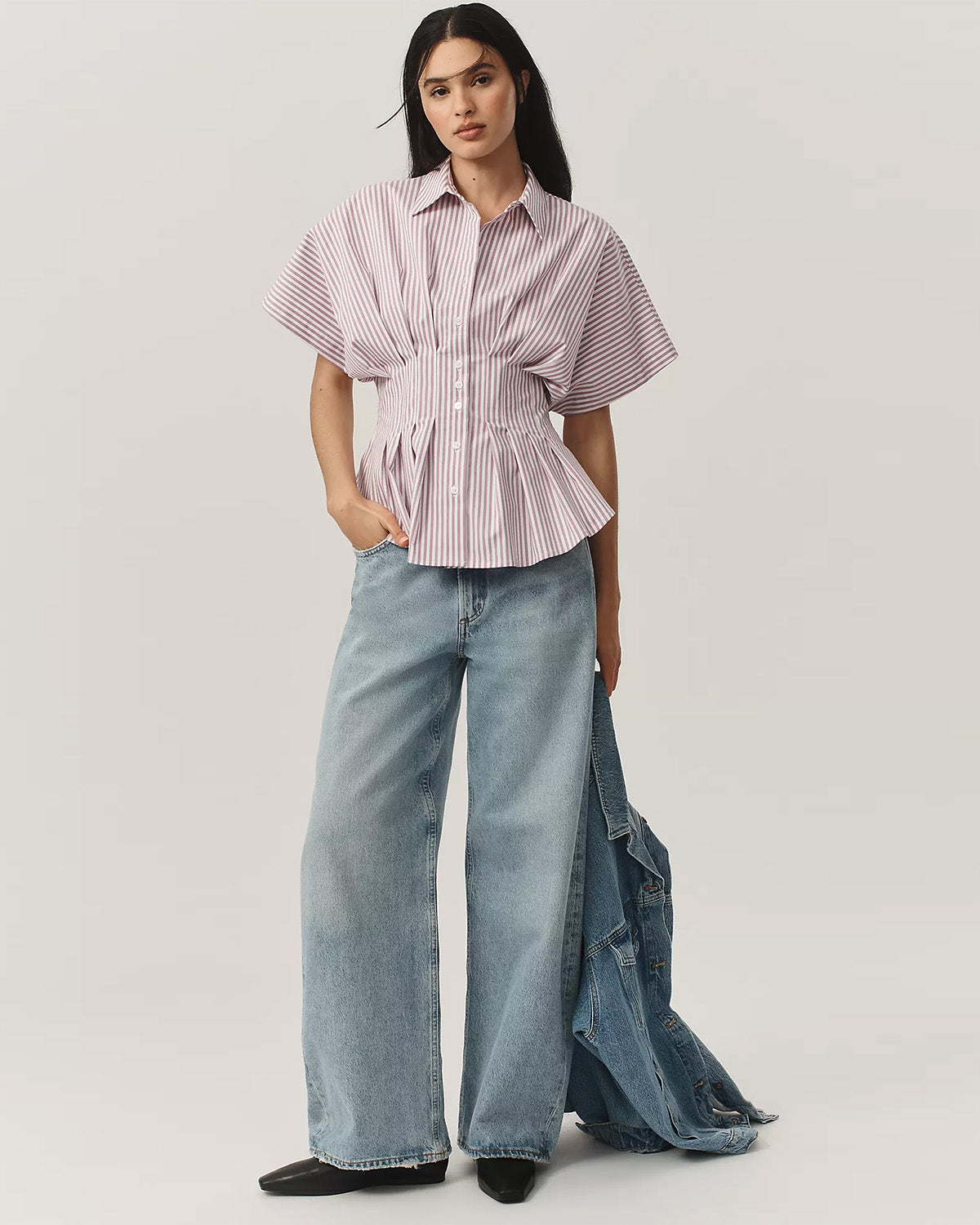 topwear,tops,casual, outdoor events,minimal, summer, streetwear,woven,linen,printed,Dusty Pink ,color block, pinstripes,pleated, pinstripes,button,tailored fit,fit and flare,waist length,curved hem,shirt collar,batwing sleeve,short sleeves	25060049GG, OY2017