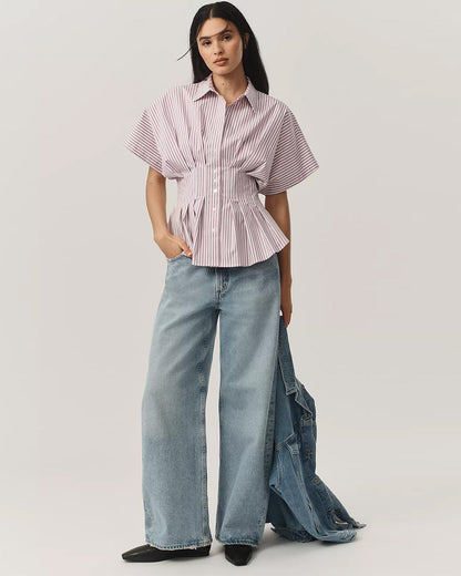 topwear,tops,casual, outdoor events,minimal, summer, streetwear,woven,linen,printed,Dusty Pink ,color block, pinstripes,pleated, pinstripes,button,tailored fit,fit and flare,waist length,curved hem,shirt collar,batwing sleeve,short sleeves	25060049GG, OY2017