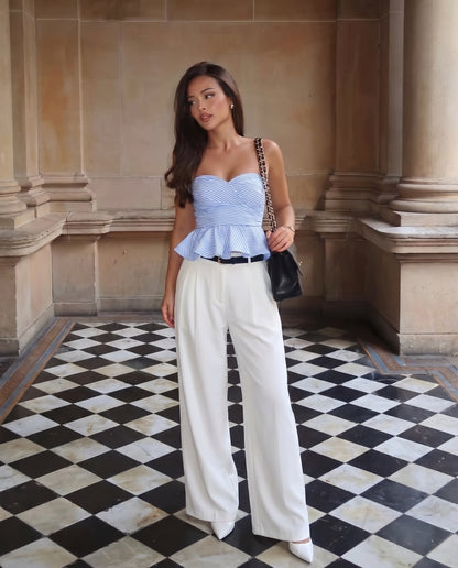 Blue Stripes Bandeau Top and White Pleated Pants with Belt
