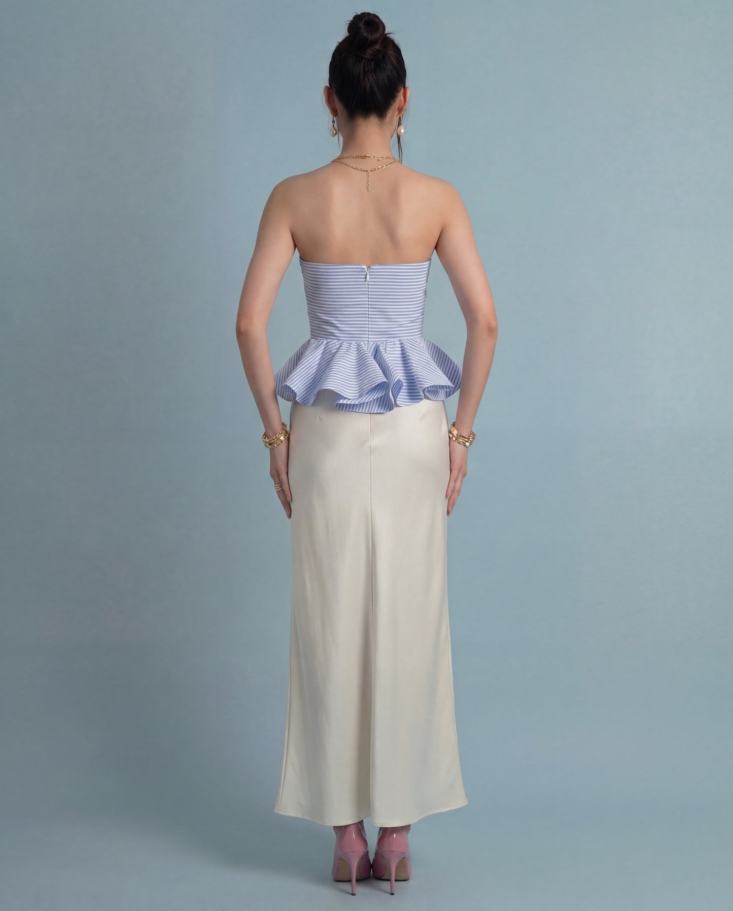 Blue Pinstripe Peplum Top With Ivory Satin Skirt