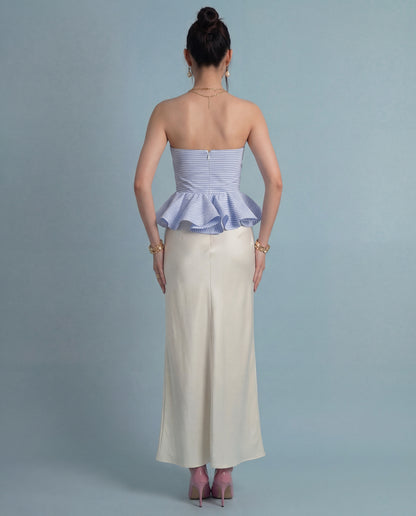 Blue Pinstripe Peplum Top With Ivory Satin Skirt
