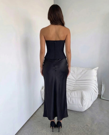 Black Bandeau Waistcoat With Satin Skirt Set