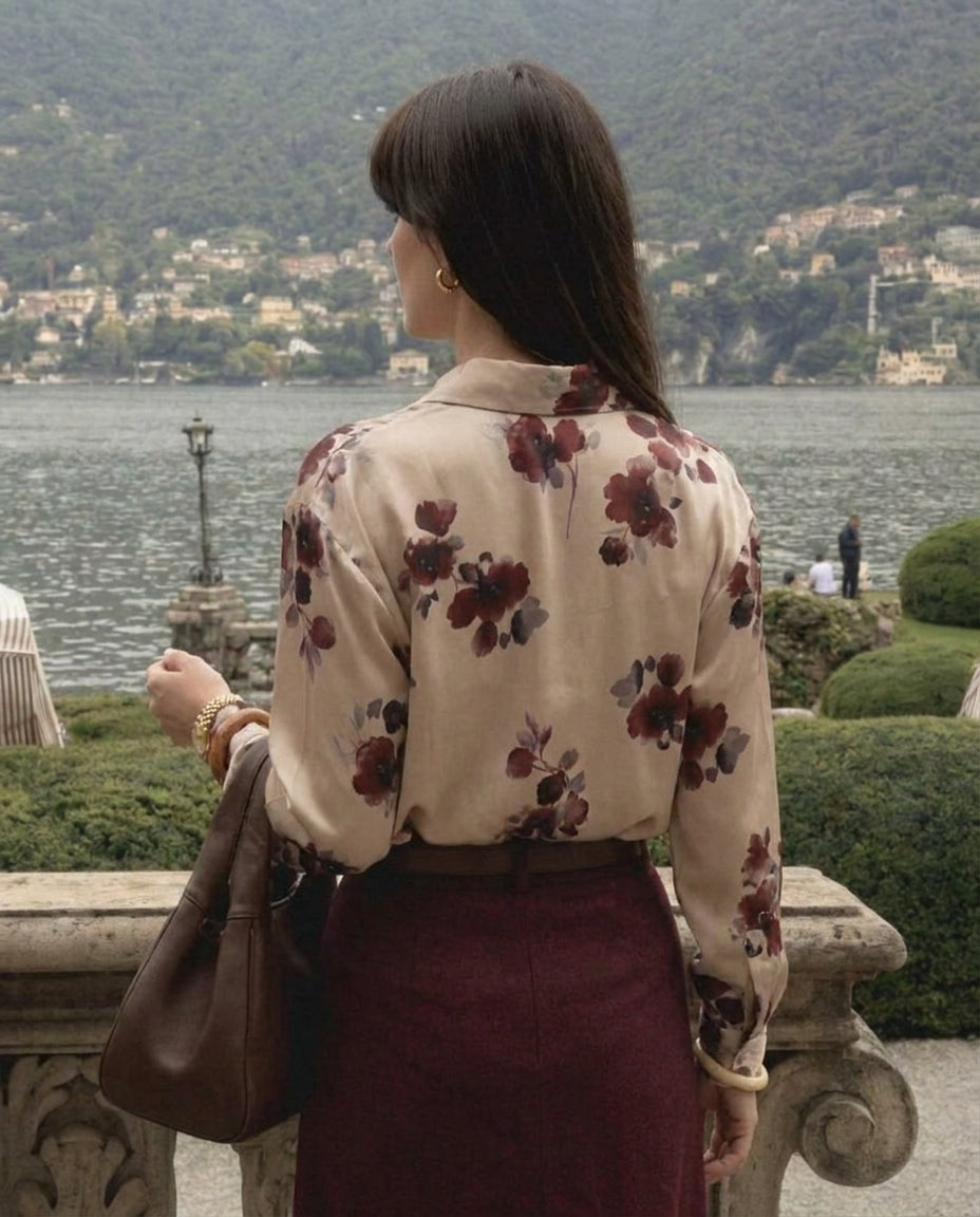 Floral Wine Blossom Satin Shirt
